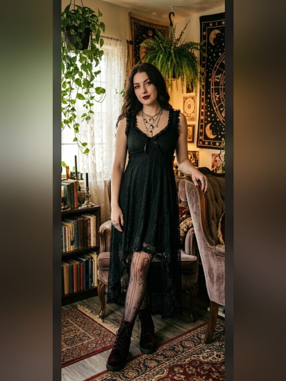 KILLSTAR Willow Maxi Dress Lace High Low V Neck Dress, Small